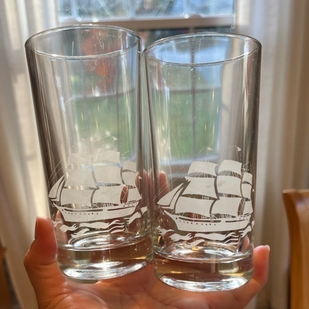 Vintage Schooner Sailing Ship Tumblers Glasses 12 oz. set of Two